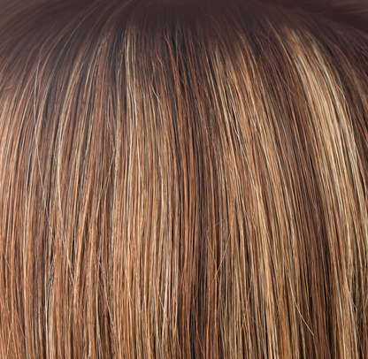 Auburn Sugar-R  -  A dark brown rooted auburn base flowing into beautiful slices of gold and cherry blond. Auburn Sugar-R has the fine smoky blond highlights and tones of copper dance throughout this very posh, pretty color.