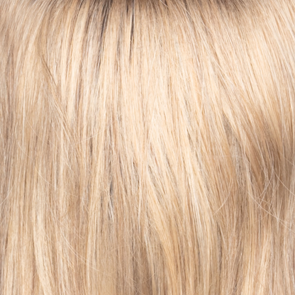 Butter Pecan-R  -  The rooted sister of butter pecan has an additional color of warm chocolate brown placed at the root as a regrowt. This pecan blond which melts into many tones of warmth, runs into a toasted pecan white. The creams throughout it look extremely natural and blend through the length.