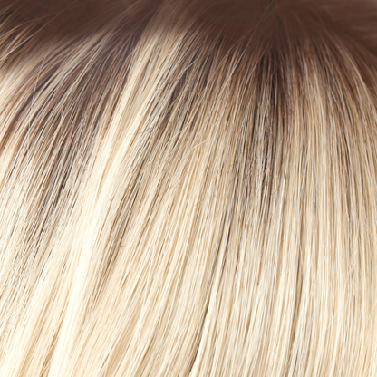 Champagne-R  -  A luxurious color with many fine tones of blond. Cream blonds, champagne hues and pale gold undertones make the blond a work of art! The medium warm brown root gives it the most natural of regrowths and keeps it looking very realistic.