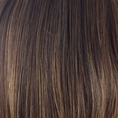 Coffee Latte-R  -  This is our rooted version of Coffee Latte. With a cappucino-base mixed with warm medium brown and medium golden blond highlights, the rich, deep dark brown roots give a natural shadowed appearance.