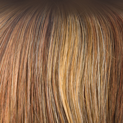 Copper Glaze  -  Has honey gold blond highlights scattering through a medium copper brown base. A much loved autumnal shade. This is flattering and warm. It is a great choice if you like a highlighted red copper.