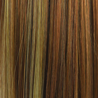 Ginger Snap  -  A highlighted and low-lighted color that has a rich coppery gold brown base, with many contrasting weaves of amber blond, cool coppers and ginger and pine undertones. A color which we adore!