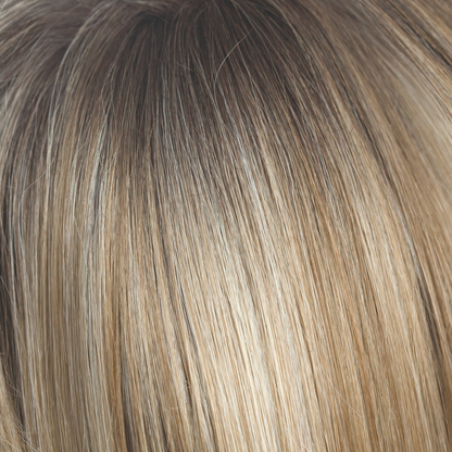 Rose Gold-R  -  A medium to dark golden brown and blends into the rose gold blond with rooted blond and hints of rose and hues of peachy coral. 