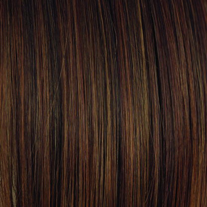 Rum Raisin  -  A blend of deep, dark, garnet brown base with an array of ribbon highlights, medium hazel blonds, and medium mahogany red browns.